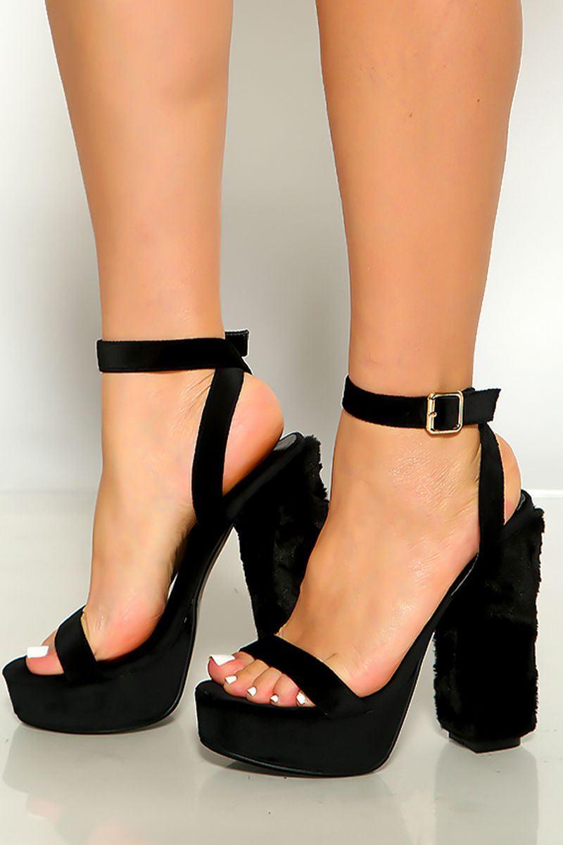 Black Open Toe Ankle Strap Faux Fur Chunky Heels - AMIClubwear