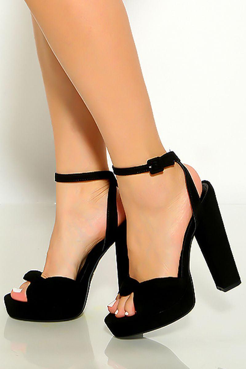 Black Open Toe Ankle Strap Platform Chunky High Heel - AMIClubwear