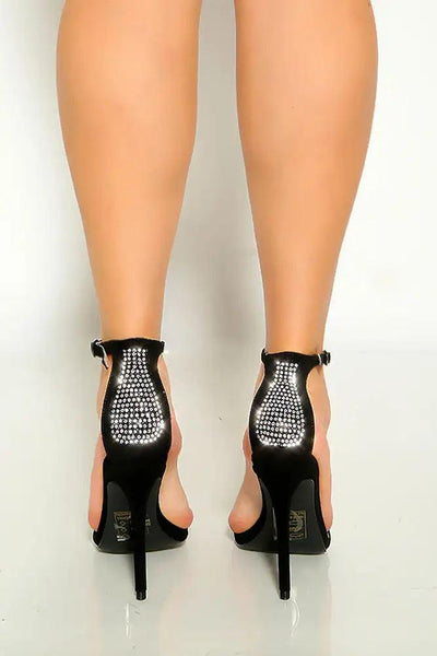 Black Open Toe Ankle Strap Rhinestone Detail High Heels - AMIClubwear