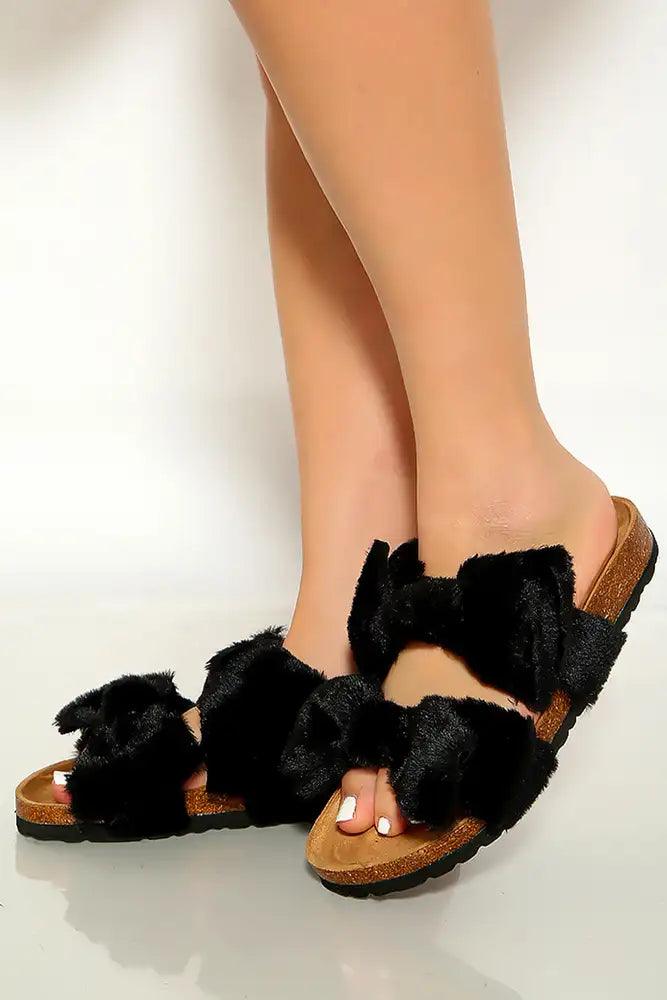 Black Open Toe Bow Detail Slip On Sandals - AMIClubwear