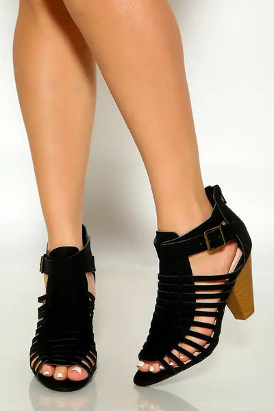 Black Open Toe Buckled Caged High Heels - AMIClubwear