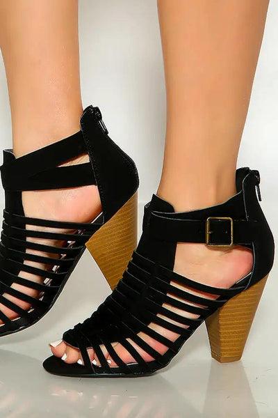 Black Open Toe Buckled Caged High Heels - AMIClubwear