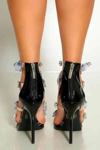 Black Open Toe Butterfly Rhinestone Detail Strappy High Heels - AMIClubwear