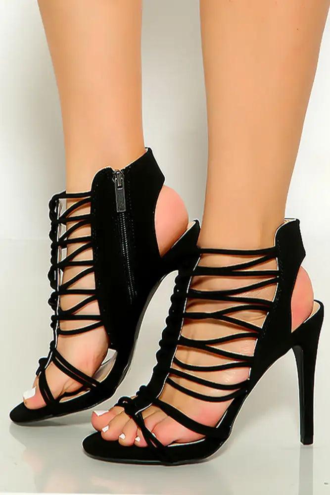 Black Open Toe Caged Strappy High Heels - AMIClubwear
