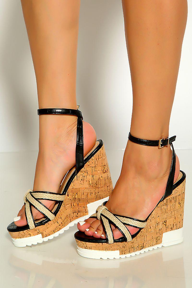 Black Open Toe Cross Straps Braided Detail Ankle Strap - AMIClubwear