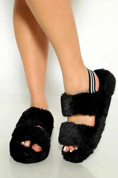 Black Open Toe Faux Fur Back Strap Comfy Slipper - AMIClubwear