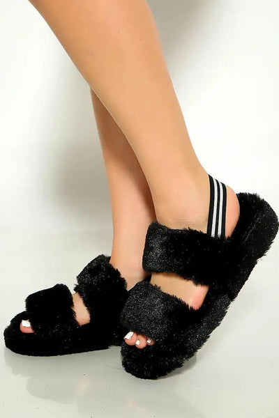 Black Open Toe Faux Fur Back Strap Comfy Slipper - AMIClubwear