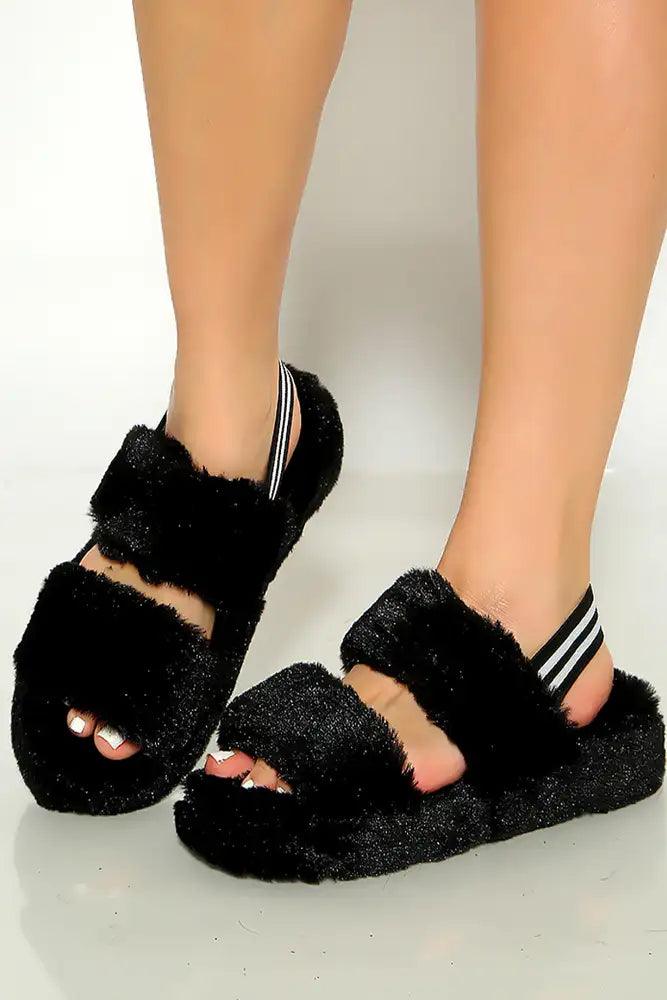 Black Open Toe Faux Fur Back Strap Comfy Slipper - AMIClubwear