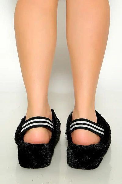 Black Open Toe Faux Fur Back Strap Comfy Slipper - AMIClubwear