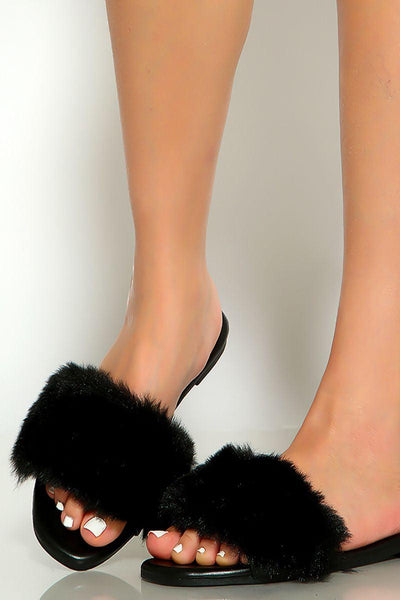 Black Open Toe Faux Fur Slip On Sandals - AMIClubwear