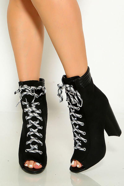 Black Open Toe Lace Up Chunky High Heels - AMIClubwear