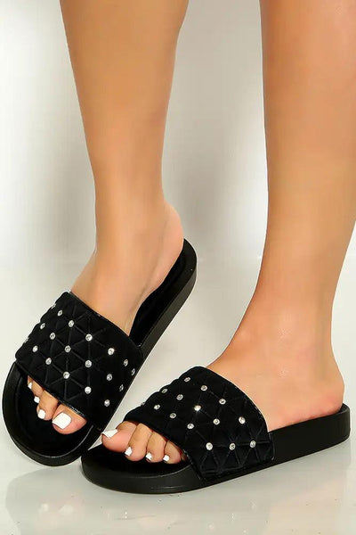 Black Open Toe Rhinestone Detail Slip On Sandals - AMIClubwear