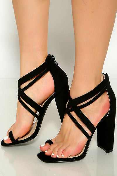 Black Open Toe Ring Strappy Vamp Chunky Heels - AMIClubwear