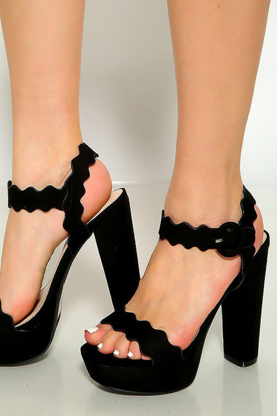 Black Open Toe Scalloped Detail Platform Chunky High Heels - AMIClubwear