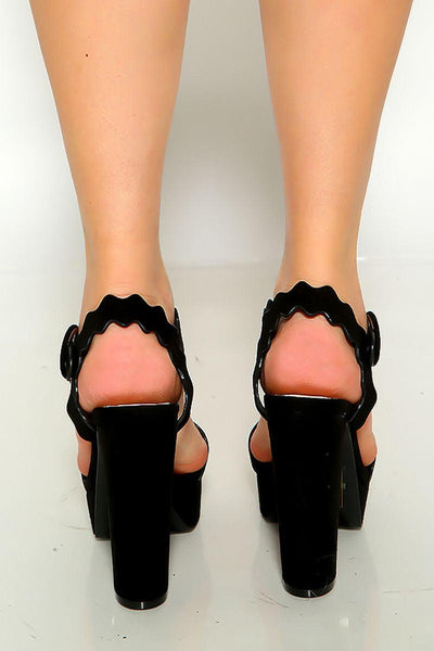 Black Open Toe Scalloped Detail Platform Chunky High Heels - AMIClubwear