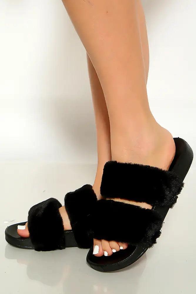 Black Open Toe Slip On Faux Fur Slipper Sandals - AMIClubwear