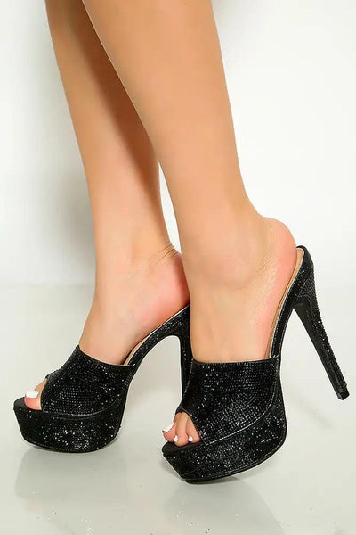 Black Open Toe Slip On Rhinestone Platform High Heels - AMIClubwear