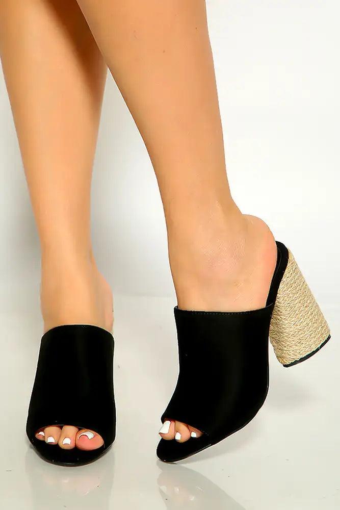 Black Open Toe Slip On Woven High Heel Mules - AMIClubwear