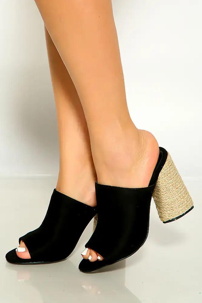 Black Open Toe Slip On Woven High Heel Mules - AMIClubwear