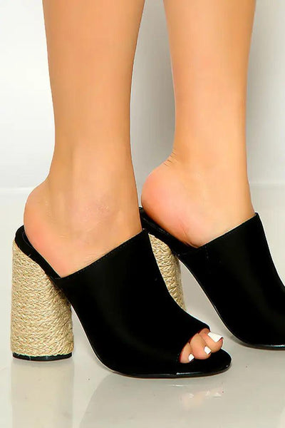 Black Open Toe Slip On Woven High Heel Mules - AMIClubwear