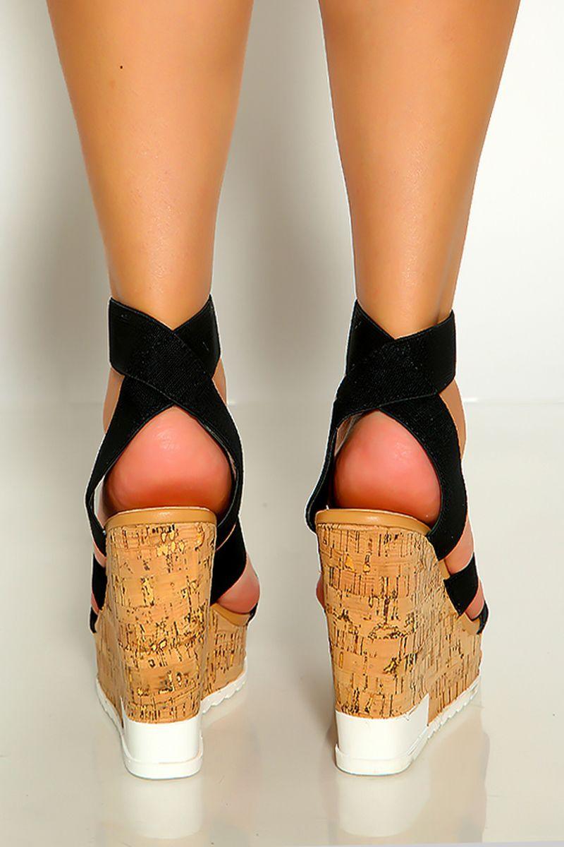 Black Open Toe Strappy Elastic Slip On Platform Wedges - AMIClubwear