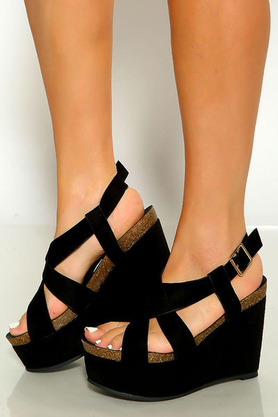 Black Open Toe Strappy Faux Sue Platform Wedges - AMIClubwear