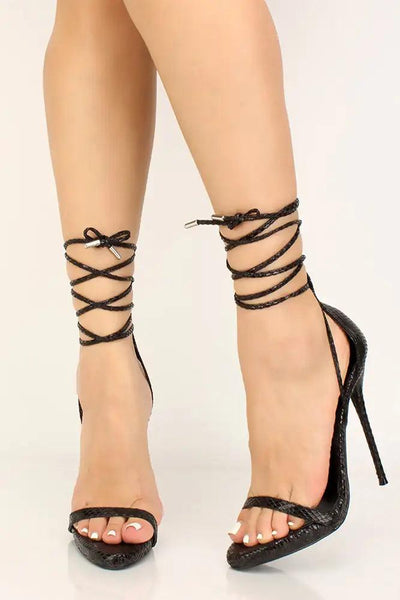 Black Open Toe Strappy Lace Up High Heels - AMIClubwear