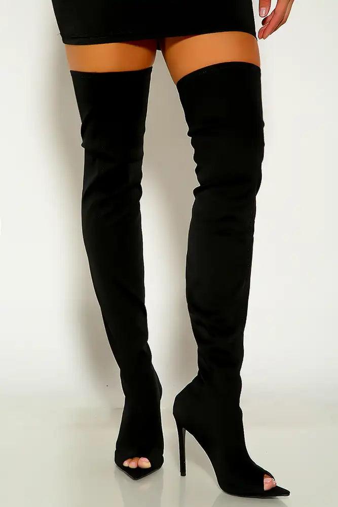 Black Open Toe Thigh High Boots Faux Suede - AMIClubwear