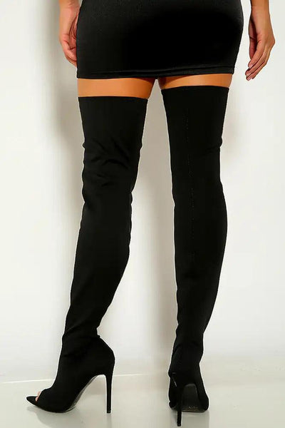 Black Open Toe Thigh High Boots Faux Suede - AMIClubwear
