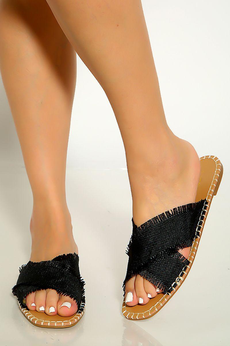 Black Open Toe Woven Cross Strap Slip On Sandals - AMIClubwear