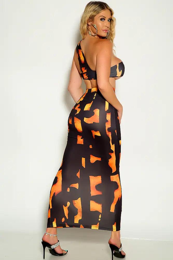 Black Orange One Shoulder Maxi Two Piece Dress - AMIClubwear