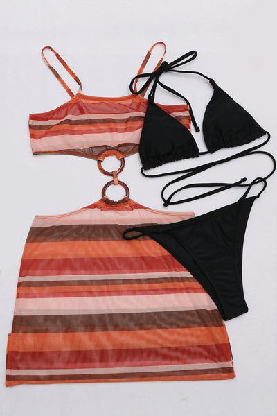 Black Orange Striped O-Ring Mesh Three Piece Swimsuit - AMIClubwear