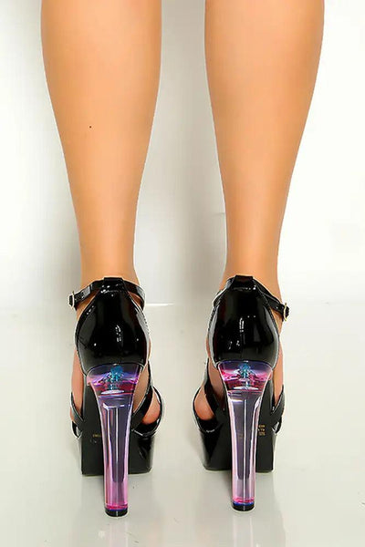 Black Patent Criss Cross Open Toe Platform Chunky High Heel - AMIClubwear