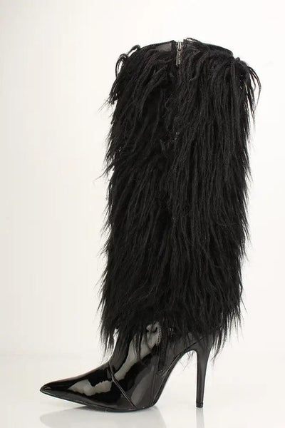 Black Patent Fur Tall Furry Heel Boots Style 2 Ways - AMIClubwear