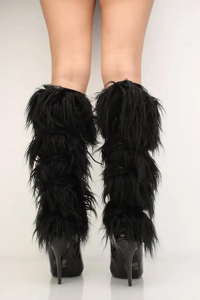 Black Patent Fur Tall Furry Heel Boots Style 2 Ways - AMIClubwear