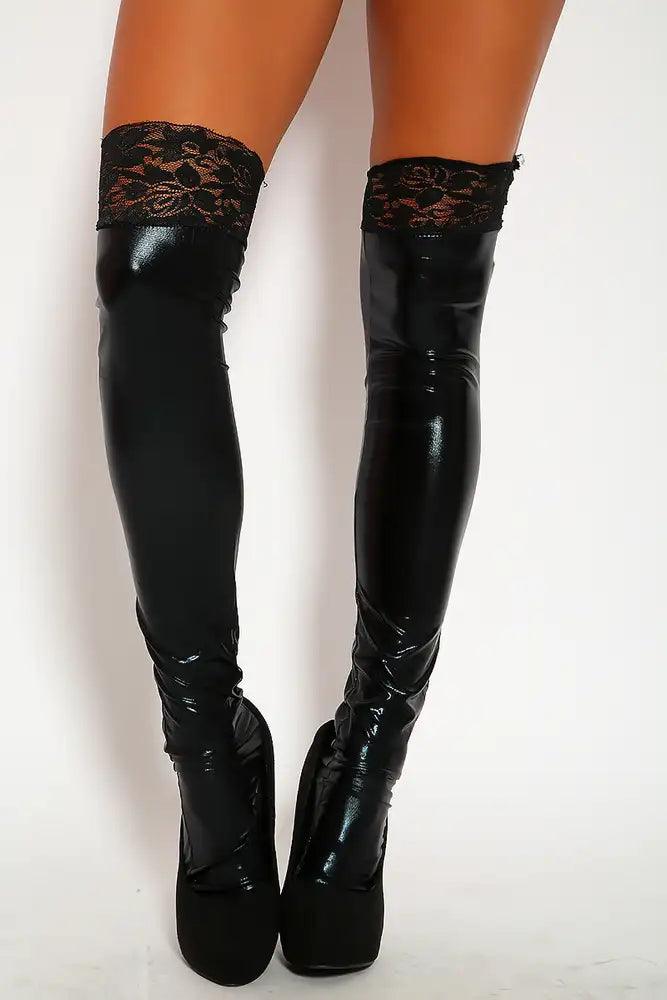 Black Patent Lace Thigh High Stockings - AMIClubwear