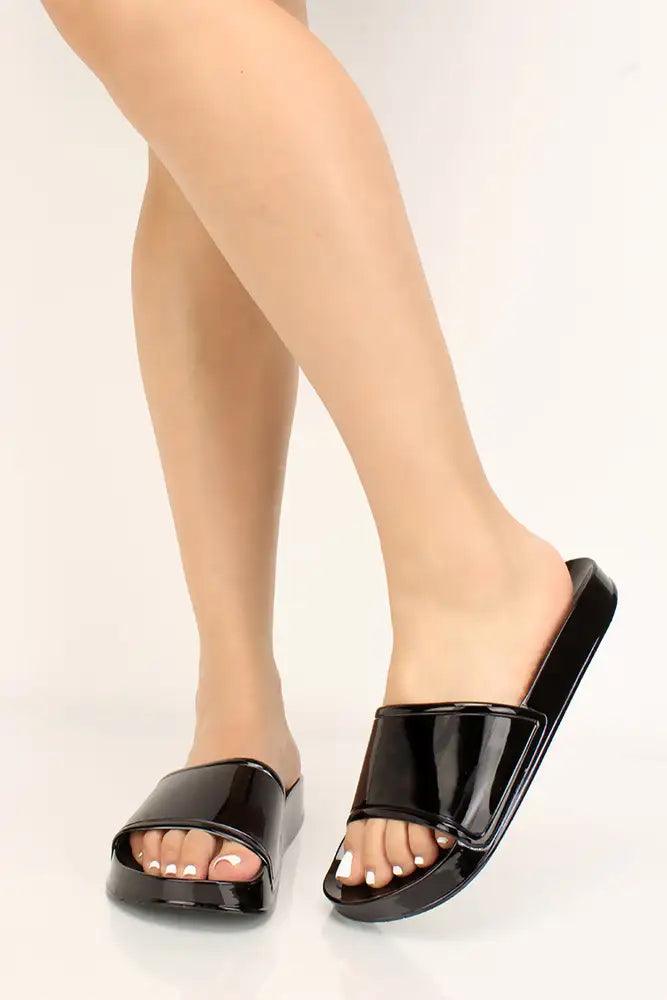 Black Patent Slip On Sandals - AMIClubwear