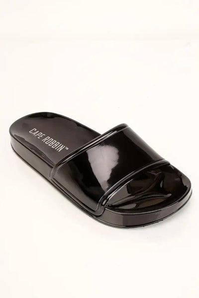Black Patent Slip On Sandals - AMIClubwear
