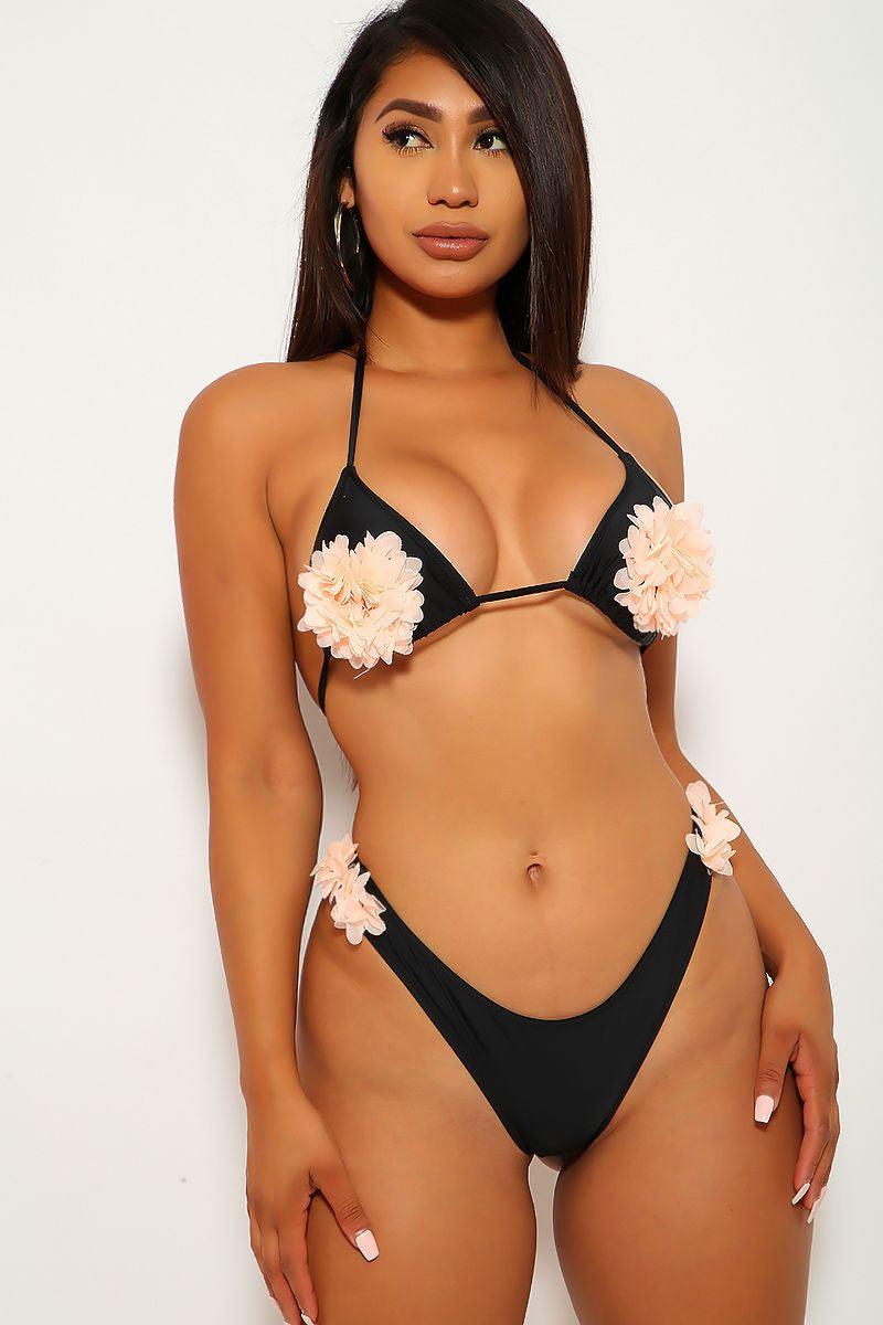 Black Peach Flower Two Piece Swimsuit - AMIClubwear