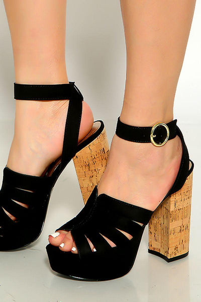 Black Peep Toe Ankle Strap Platform Chunky High Heels - AMIClubwear