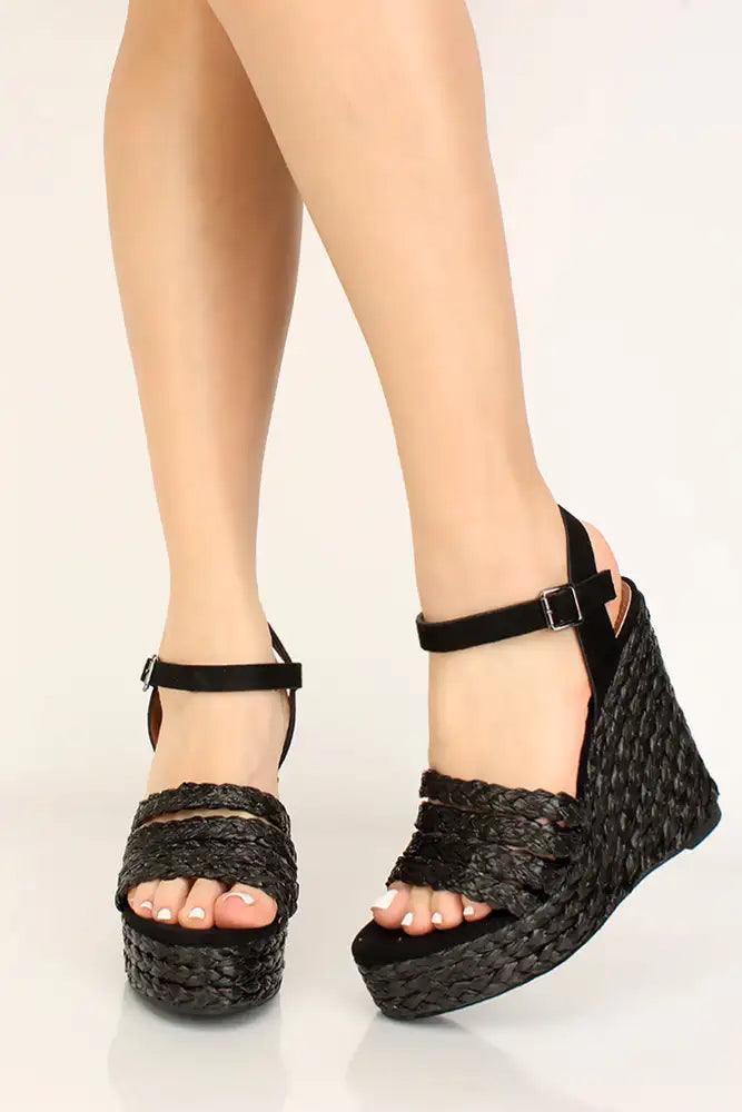 Black Peep Toe Espadrille Wedges - AMIClubwear