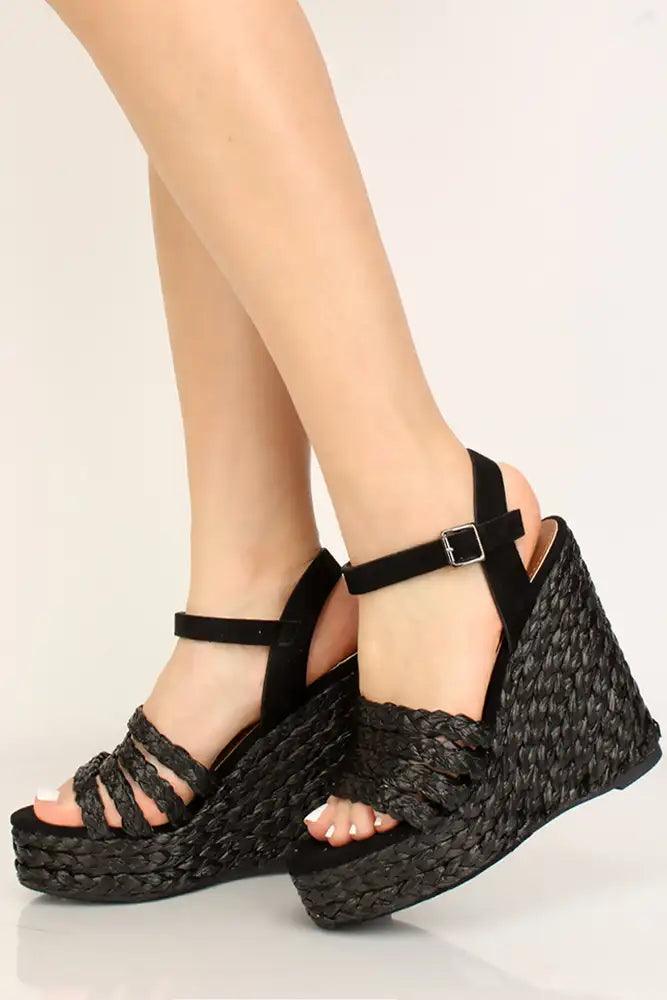 Black Peep Toe Espadrille Wedges - AMIClubwear