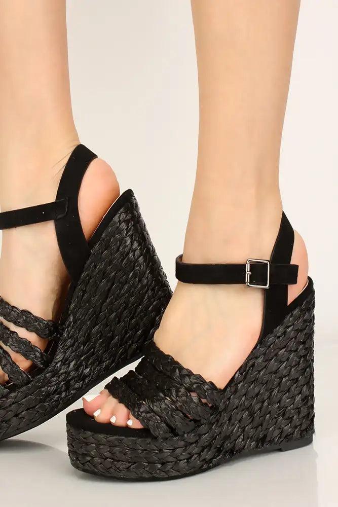 Black Peep Toe Espadrille Wedges - AMIClubwear