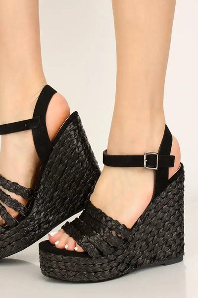 Black Peep Toe Espadrille Wedges - AMIClubwear