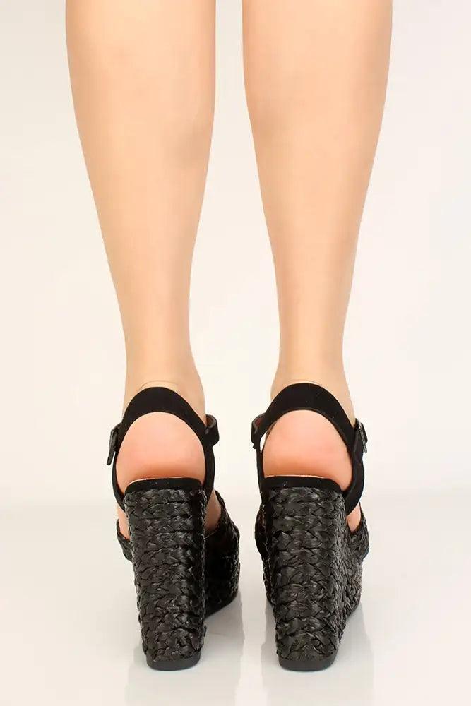 Black Peep Toe Espadrille Wedges - AMIClubwear