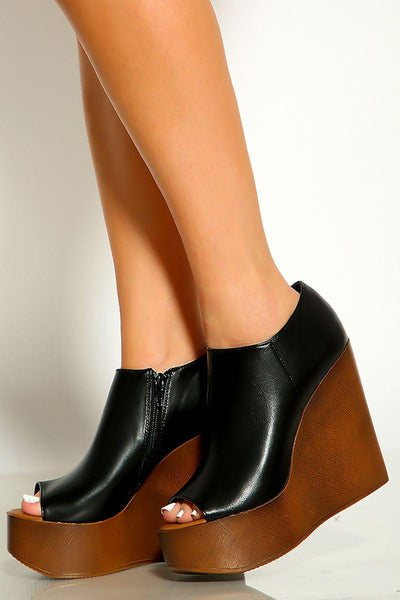 Black Peep Toe Faux Leather Ankle Platform Wedges - AMIClubwear