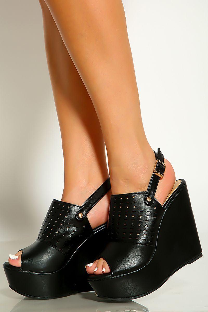 Black Peep Toe Faux Leather Perforated Sling Back Platform Wedges - AMIClubwear