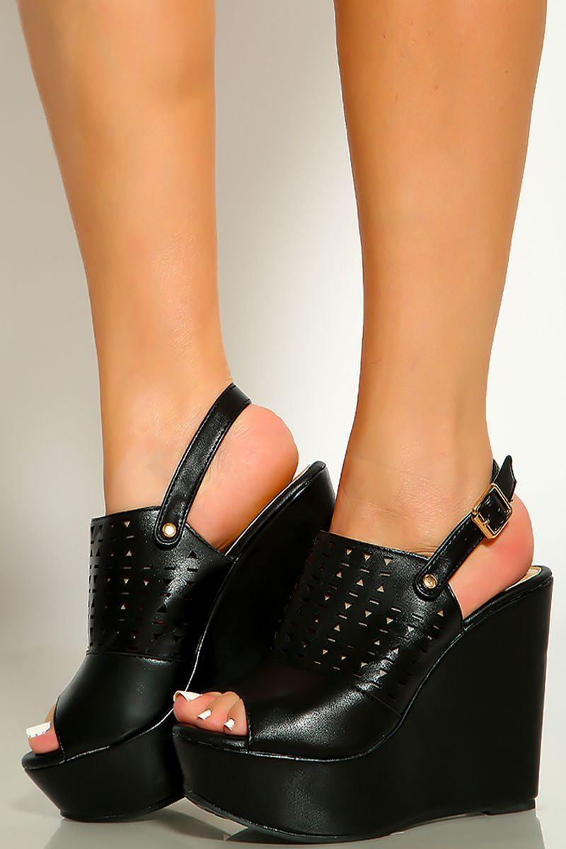 Black Peep Toe Faux Leather Perforated Sling Back Platform Wedges - AMIClubwear
