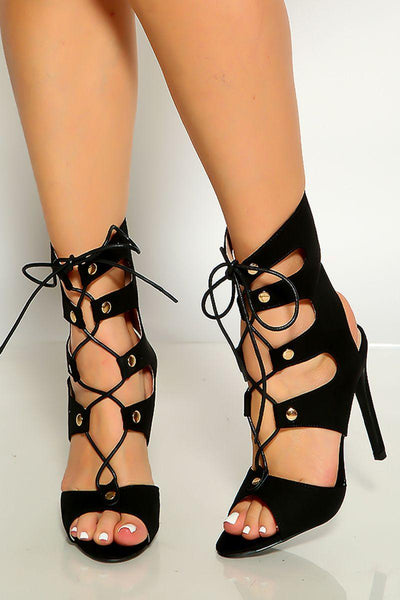 Black Peep Toe Lace Cut Out Detail High Heels - AMIClubwear