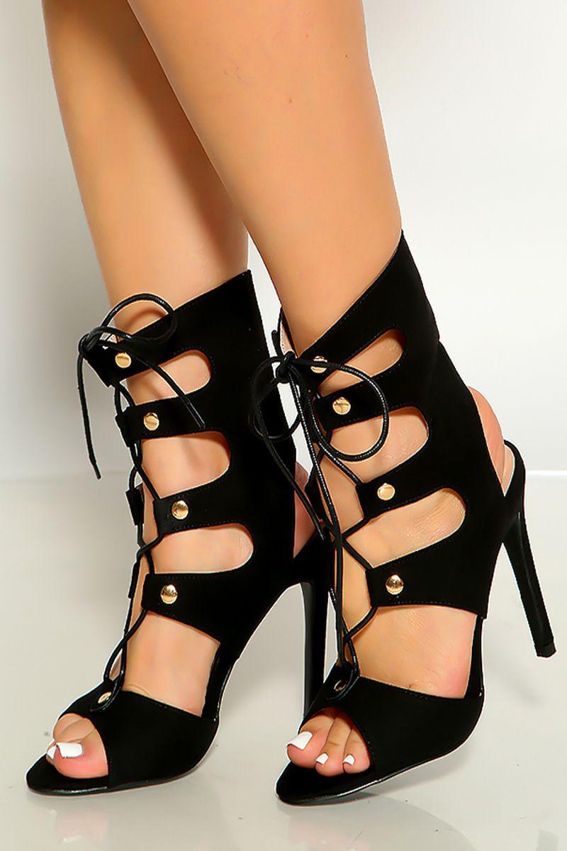 Black Peep Toe Lace Cut Out Detail High Heels - AMIClubwear